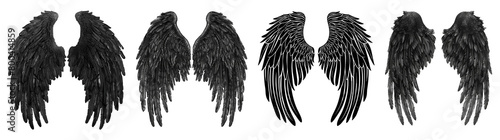 Black angel wings cutout, sketch retro style beauty