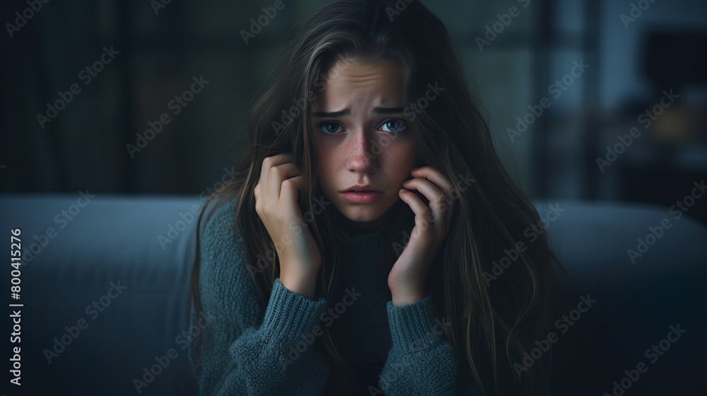 Fototapeta premium A portrait of a worried young girl holding a phone, her face lit by the screen in a dark room