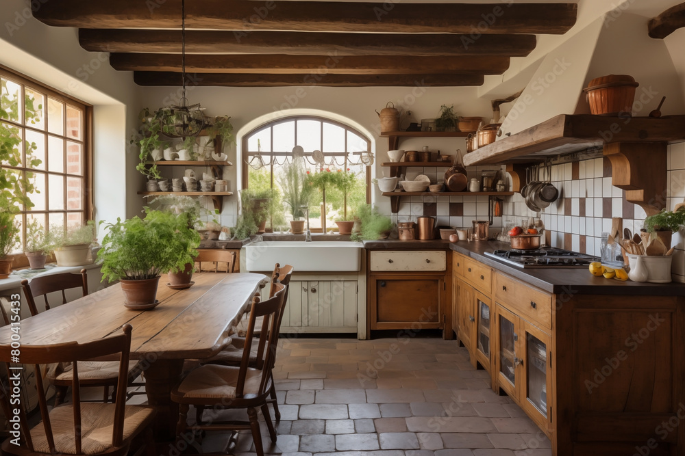 Farmhouse rustic interior design of modern kitchen.