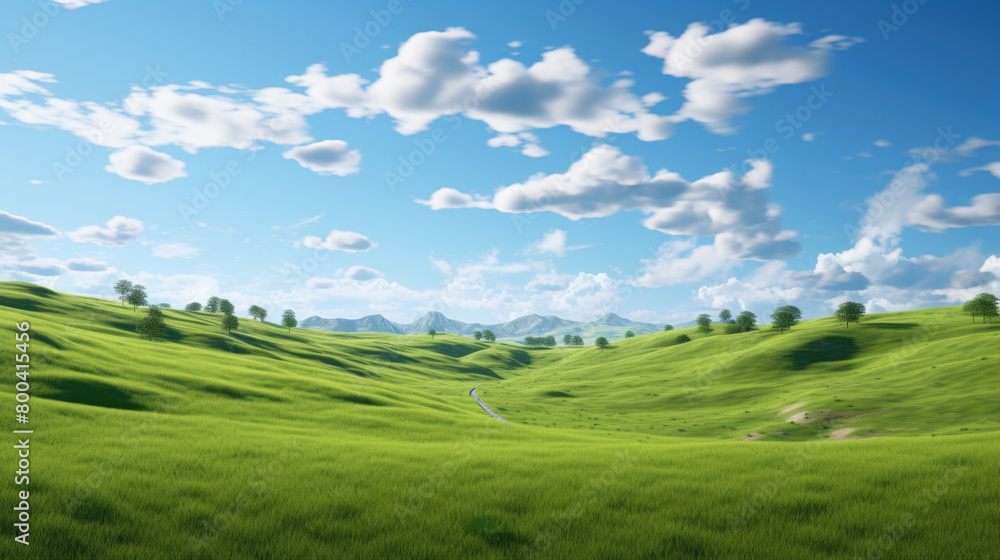 Natural background scene of green hills, blue sky, fluffy clouds, copy space