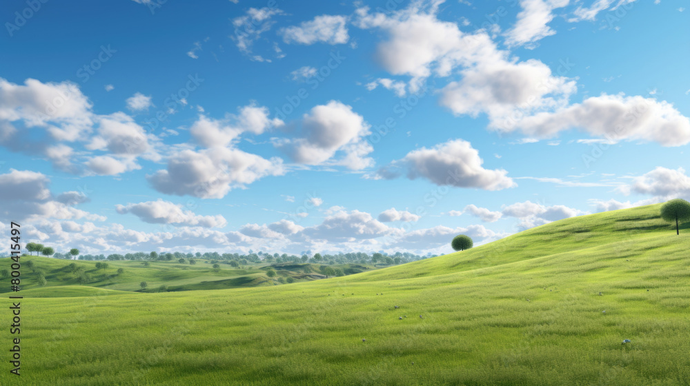 Natural background scene of green hills, blue sky, fluffy clouds, copy space Natural background scene of green hills, blue sky, fluffy clouds, copy space