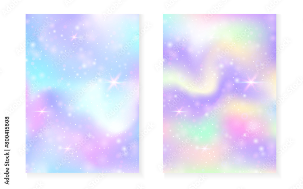 Kawaii background with rainbow princess gradient. Magic unicorn hologram. Holographic fairy set. Vibrant fantasy cover. Kawaii background with sparkles and stars for cute girl party invitation.