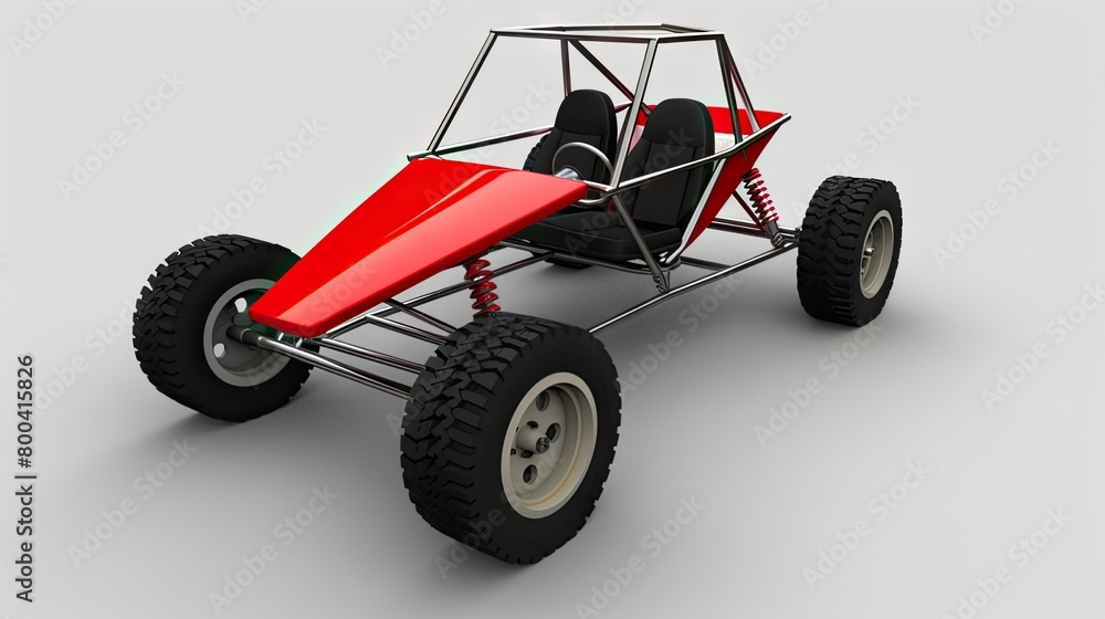 Red buggy with yellow stripe, toy vehicle with unique automotive design Red buggy with yellow stripe, toy vehicle with unique automotive design