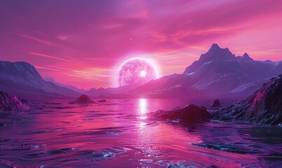 Synthwave retro cyberpunk style landscape background banner or wallpaper. Bright neon pink and purple colors