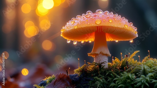 Glowing mushroom with dewdrops in a forest at sunset