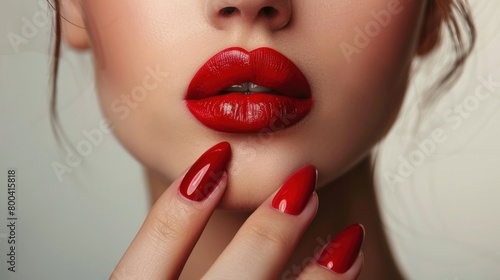 Elegant woman displaying her red manicured nails. Emphasis on makeup and cosmetics.
