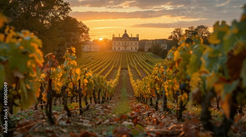 Historic Chateau in the Twilight: Bordeaux Vineyard, generative ai
