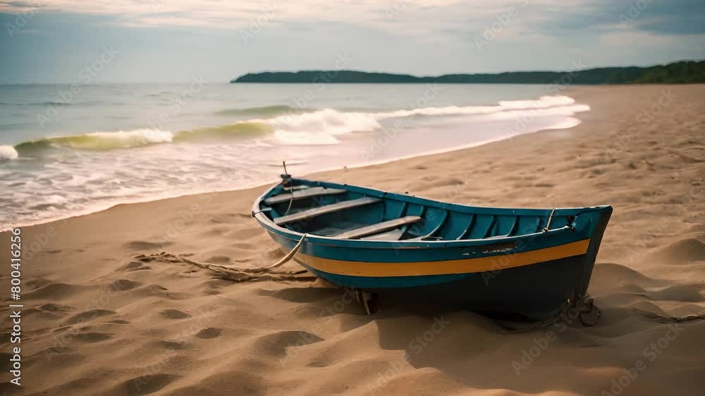 Serene coastal vista with a small boat gently resting on the sandy shore Serene coastal vista with a small boat gently resting on the sandy shore
