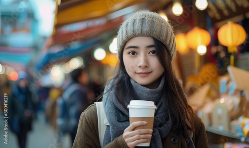 Pretty young Chinese woman holding a cup of coffee or tea outside in a market.