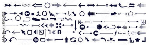 Set of vector diagrams, arrow symbols, and black collection icons.
