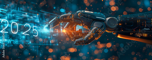 Obraz na płótnie A robotic arm extends towards a glowing representation of the year 2025, set against a backdrop filled with digital binary code and futuristic technology elements, symbolizing the intersection of adva w salonie