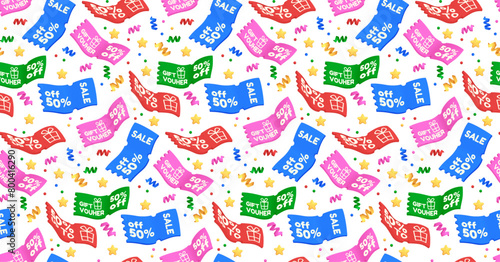 Abstract holiday seamless pattern with gift vouchers, confetti and stars. Bright multi-colored discount coupons in 3D style. Business promotions and discounts for online shopping, Black Friday.