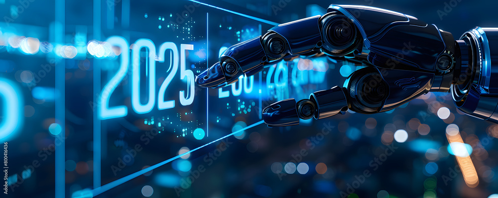 A robotic arm extends towards a glowing representation of the year 2025, set against a backdrop filled with digital binary code and futuristic technology elements, symbolizing the intersection of adva