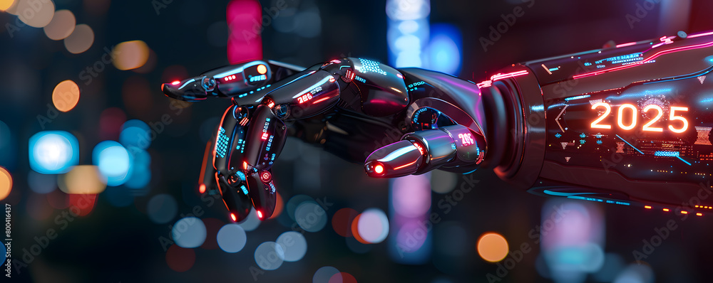 A robotic arm extends towards a glowing representation of the year 2025, set against a backdrop filled with digital binary code and futuristic technology elements, symbolizing the intersection of adva