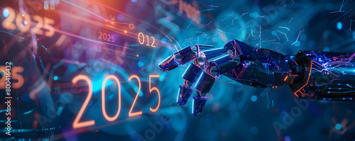 Obraz na płótnie A robotic arm extends towards a glowing representation of the year 2025, set against a backdrop filled with digital binary code and futuristic technology elements, symbolizing the intersection of adva w salonie