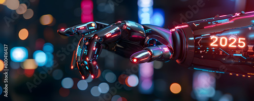 Obraz na płótnie A robotic arm extends towards a glowing representation of the year 2025, set against a backdrop filled with digital binary code and futuristic technology elements, symbolizing the intersection of adva w salonie