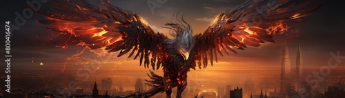 Majestic image of a legendary robotic phoenix, its metallic feathers illuminated by the glow of molten metal, soaring above a hightech city © รันนี่ เจอนั่น Mm