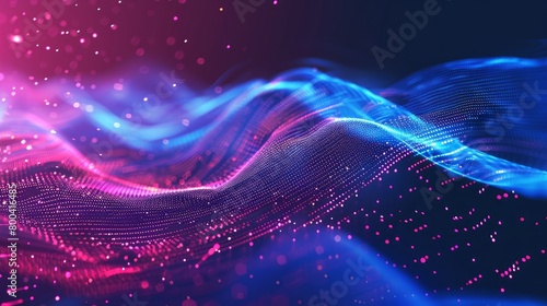 Futuristic portrayal of a moving wave, featuring digital background with dynamic glowing particles and lines. Visualization of big data represented in vector form.