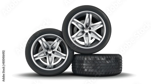 Set of Four Car Tires Stacked on White Background. Automotive Spare Parts, Wheel and Tire Packages. Vehicle Maintenance and Repair Services Concept. Photo realistic 3D Illustration. AI