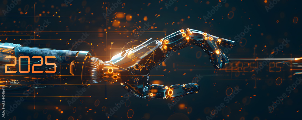 A robotic arm extends towards a glowing representation of the year 2025, set against a backdrop filled with digital binary code and futuristic technology elements, symbolizing the intersection of adva