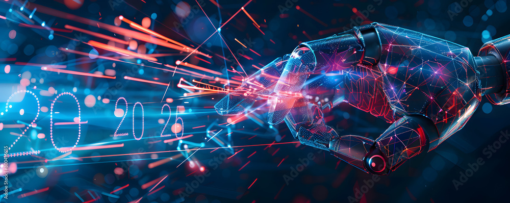 A robotic arm extends towards a glowing representation of the year 2025, set against a backdrop filled with digital binary code and futuristic technology elements, symbolizing the intersection of adva