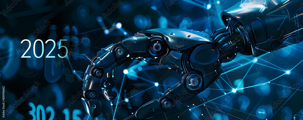 A robotic arm extends towards a glowing representation of the year 2025, set against a backdrop filled with digital binary code and futuristic technology elements, symbolizing the intersection of adva