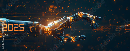 Obraz na płótnie A robotic arm extends towards a glowing representation of the year 2025, set against a backdrop filled with digital binary code and futuristic technology elements, symbolizing the intersection of adva w salonie