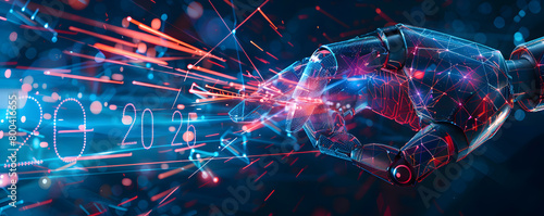 Obraz na płótnie A robotic arm extends towards a glowing representation of the year 2025, set against a backdrop filled with digital binary code and futuristic technology elements, symbolizing the intersection of adva w salonie