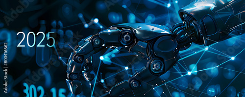 Obraz na płótnie A robotic arm extends towards a glowing representation of the year 2025, set against a backdrop filled with digital binary code and futuristic technology elements, symbolizing the intersection of adva w salonie