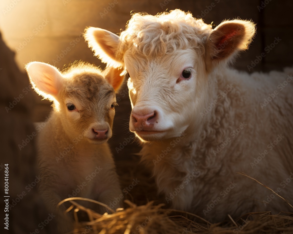 Obraz premium Newborn calf nuzzling its mother in a quiet barn, a touching moment of bonding that illustrates the gentle nature of farm life