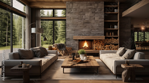 Contemporary rustic living room interior design.