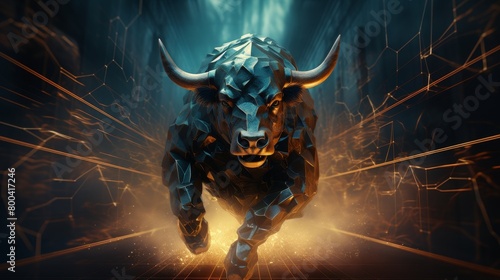 Raging Digital Bull in a cyber landscape, charging through data barriers, a symbol of market volatility