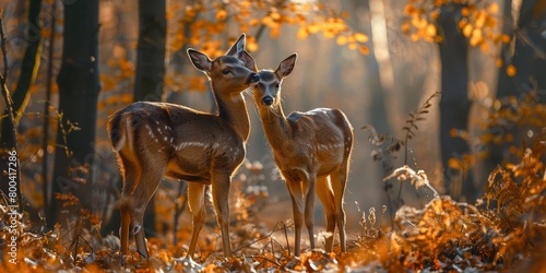 Tender moment between two Roe deer in the forest photo