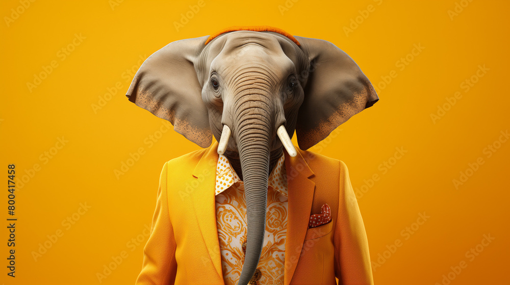elephant wearing a yellow blazer on yellow background