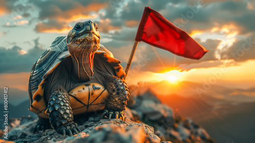 Turtle conquers top of mountain with red flag and sunflare , Funny animal concept .