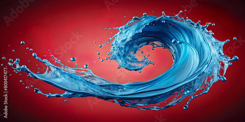 Dynamic swirling water is captured in motion against a vibrant red background, creating a striking visual contrast. Water droplets fly outwards from the swirling structure of the splash.AI generated. photo