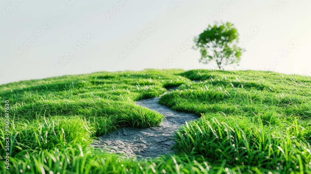 Grassy path by watercourse with tree in the background Grassy path by watercourse with tree in the background