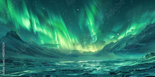 Green Aurora Sky over Snow covered Landscape. Magical Northern Lights Banner with copy-space.