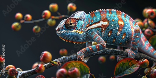 realistic multicolored chameleon with iridescent skin in speckles sitting on branch of a bush over black background photo