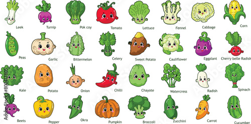 

Easy vegetables drawing. Cute veggie herbs vector icon. Funny cartoon vegetable elements. Family fruit and veggie.
