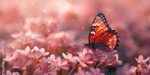 Colorful butterfly resting on blooming flowers