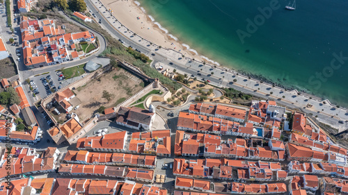 Aerial panorama of the city of Sines, Setubal Alentejo Portugal Europe. Aerial view of the old town fishing port, historic center and castle.  photo