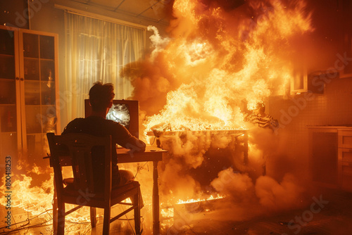 A person sitting calmly in a chair in a room caught on fire. A meme scene depicting someone not caring about the destruction of surroundings.	
