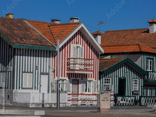 Striped Painted houses in Beach Praia Costa Nova do Prado in Aveiro Portugal