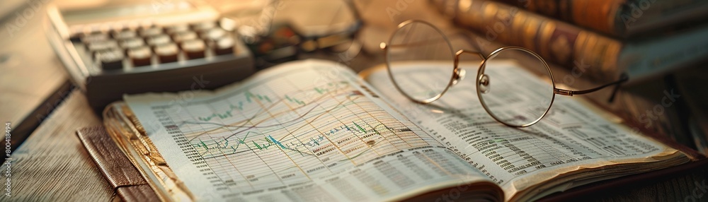 A poignant closeup of a weathered financial journal opened to a page with a handdrawn upward trend line chart, next to a vintage calculator and glasses, evoking nostalgia for traditional methods of st A poignant closeup of a weathered financial journal opened to a page with a handdrawn upward trend line chart, next to a vintage calculator and glasses, evoking nostalgia for traditional methods of st