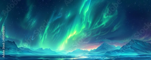 Majestic Sky with Aurora and Stars. Green Northern Lights Banner with copy-space.