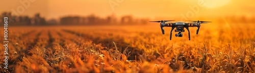 A vibrant, highdefinition image capturing a drone quadcopter hovering above a golden yellow cornfield, its shadow casting a stark contrast against the ripened crops, highlighting the blend of modern t photo
