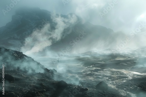 A field of geothermal vents  spewing steam and creating an otherworldly landscape