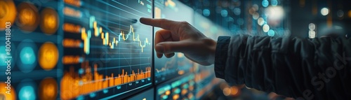 An atmospheric closeup of a traders hands pointing at a section of a rising trend line on a stock market chart, illuminated by the soft light of computer screens, emphasizing strategic decisionmaking 