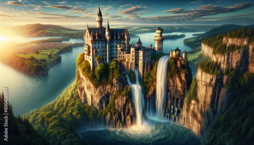 A majestic castle perched on the edge of a sheer cliff with waterfalls cascading down. photo